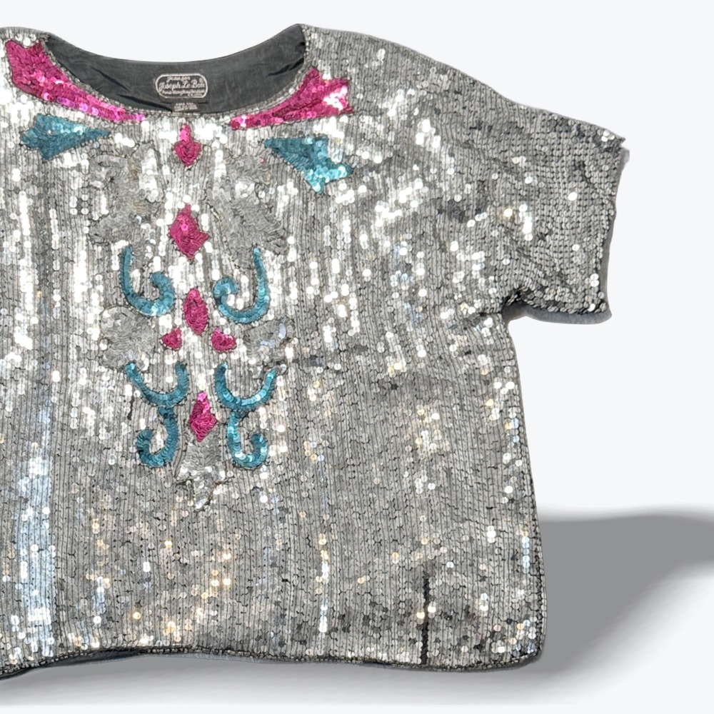Joseph Le Bon Vintage Silk Sequin Blouse Silver Pink Turquoise‎ Short Sleeve Top